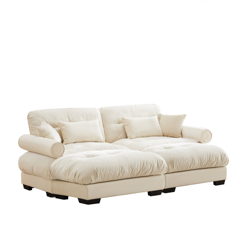 Canapé double surdimensionné en velours moderne avec accoudoirs rembourrés ronds et repose-pieds avec coussins lombaires et coussins décoratifs