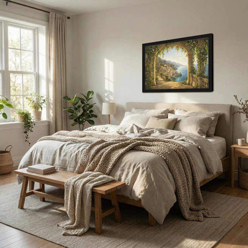 «Scenic & Cityscapes Arched View Coastal Village», peinture de paysage, H 12 po x l 18 po