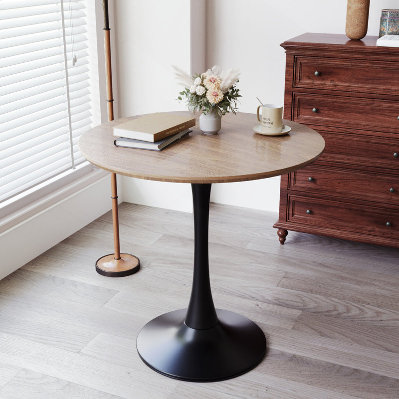 Table de salle à manger ronde 31,5 "couleur noyer, table de salle à manger tulipe 2 à 4 personnes avec plateau en panneau de fibres à densité moyenne et base à piédestal, table de bout Mid-Century