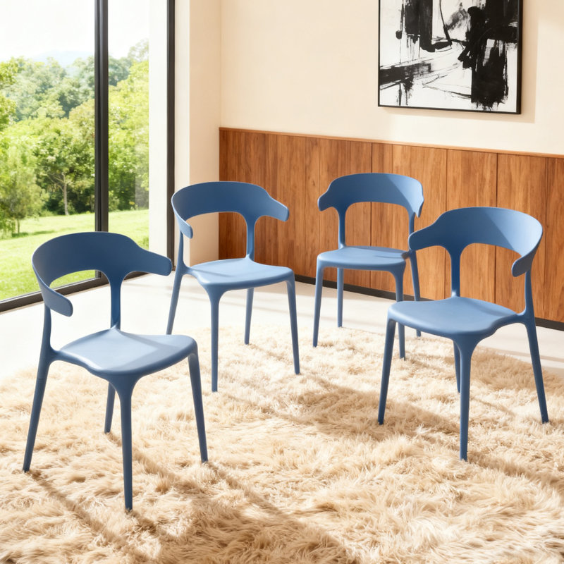 Ensemble de 4 chaises empilables en plastique bleu et blanc en polypropylène avec pieds renforcés, capacité de charge de 150 kg