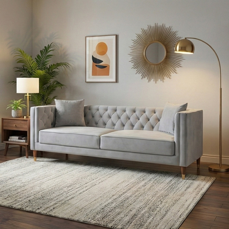 Crebessa 91'' Luxury Modern Tufted Velvet Living Room Sofa Couch, Light Gray