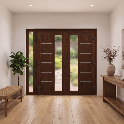 Portes d'entrée extérieures prémontées en PVC-U métal-plastique MANUX 8088, couleur noyer, avec imposte latérale et fenêtre. Convient aux bureaux, aux commerces et aux habitations. Entrée, patio, garage, 84 x 80 pouces.