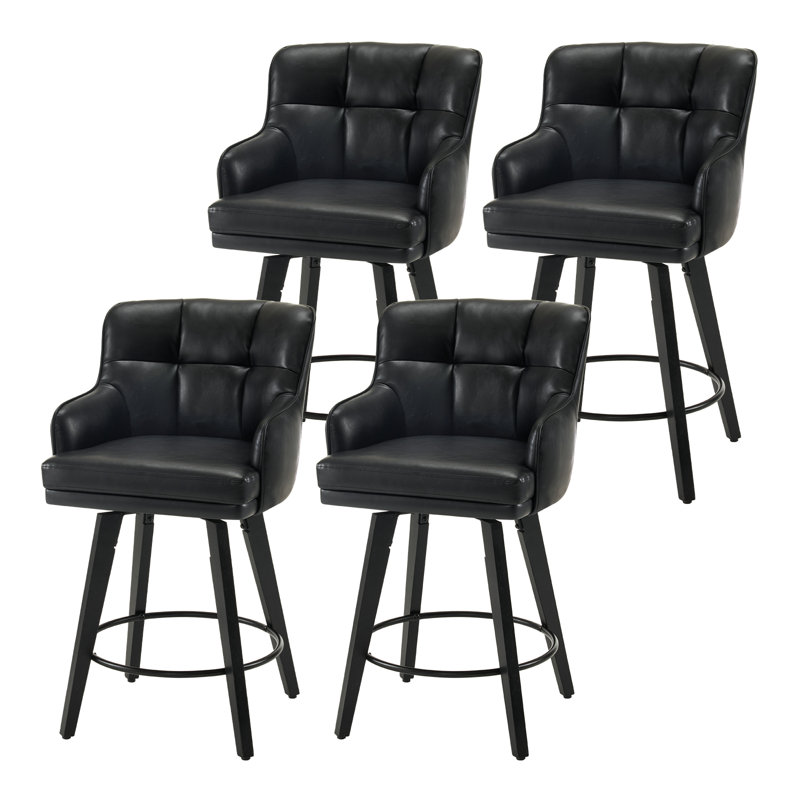 26''H Upholstered 360°Swivel Counter Height Bar Stools, Wood Legs Kitchen Island Chairs, Black, 4