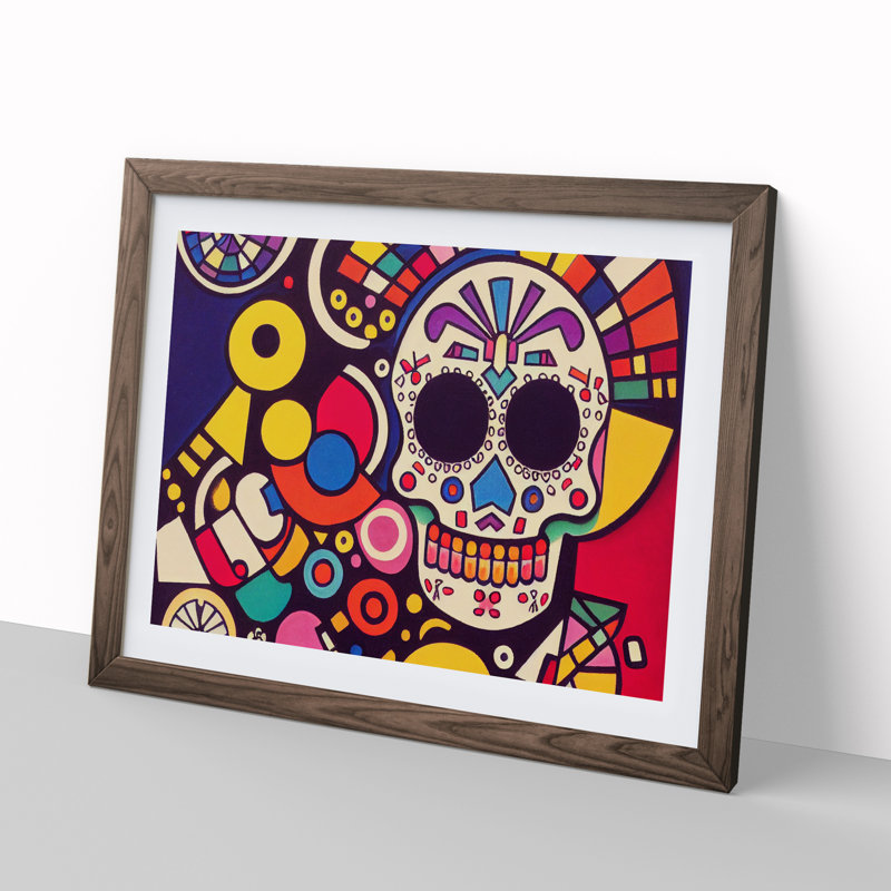 Entrancing Floral Sugar Skull Abstract - Single Picture Frame Painting, 34cm H x 46cm W x 2cm D, Walnut