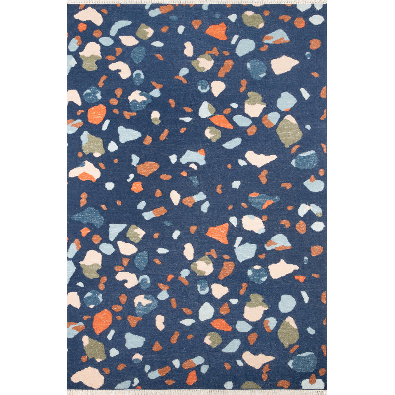 Tapis bleu marine tissé à plat à la main Jem Terri, Rectangle 9 pi x 12 pi