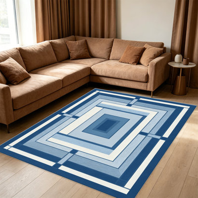 Tapis bleu art géométrique déco pour le salon, doux et confortable, convenant à toutes les saisons, facile à entretenir, tapis de sol intérieur lavable à la machine, sous la table de ferme convenant à la chambre à coucher, à la salle à manger, au bureau, au balcon, au patio