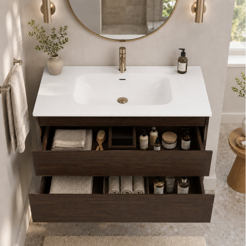 Meuble-lavabo flottant mural 36 po avec lavabo en céramique, noyer foncé, bois massif, Noyer foncé, 36"
