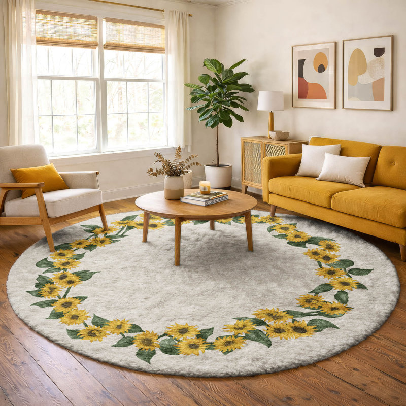 Premium Machine Washable Dream Shag ADS172 Sunflower Border Rug, 8' Round