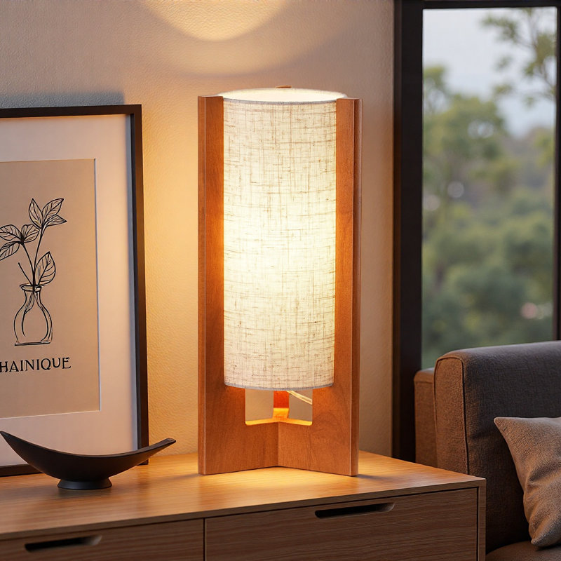 Table Lamp 13.5 Inch, Small Walnut Wood Nightstand Lamp with Linen Shade, Modern Bedside Accent Lamp for Bedroom or Living Room