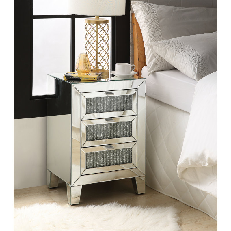 Noralie Mirrored Glass 3-Drawer Nightstand with Faux Diamond Inlay