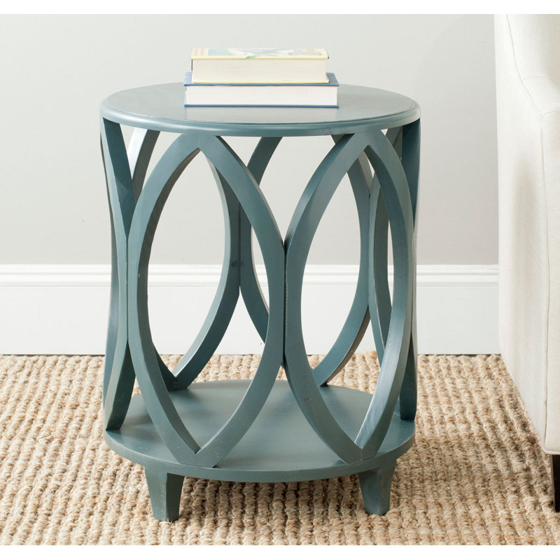 Dark Teal Geometric Wood and Metal Round Accent Table