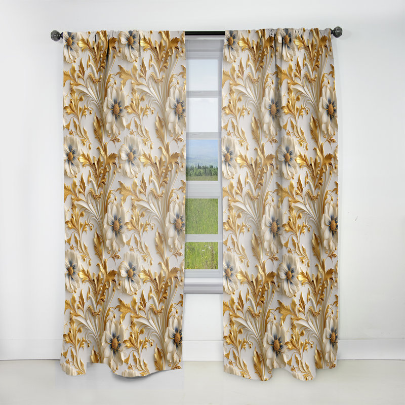 Rideau en velours glamour or et blanc Royal Flower Garden Serenity III - obscurcissant - 1 panneau, L 52 po x L 84 po