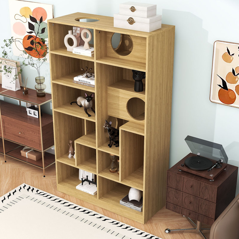 Enceinte de litière moderne avec tablettes de rangement, Naturel