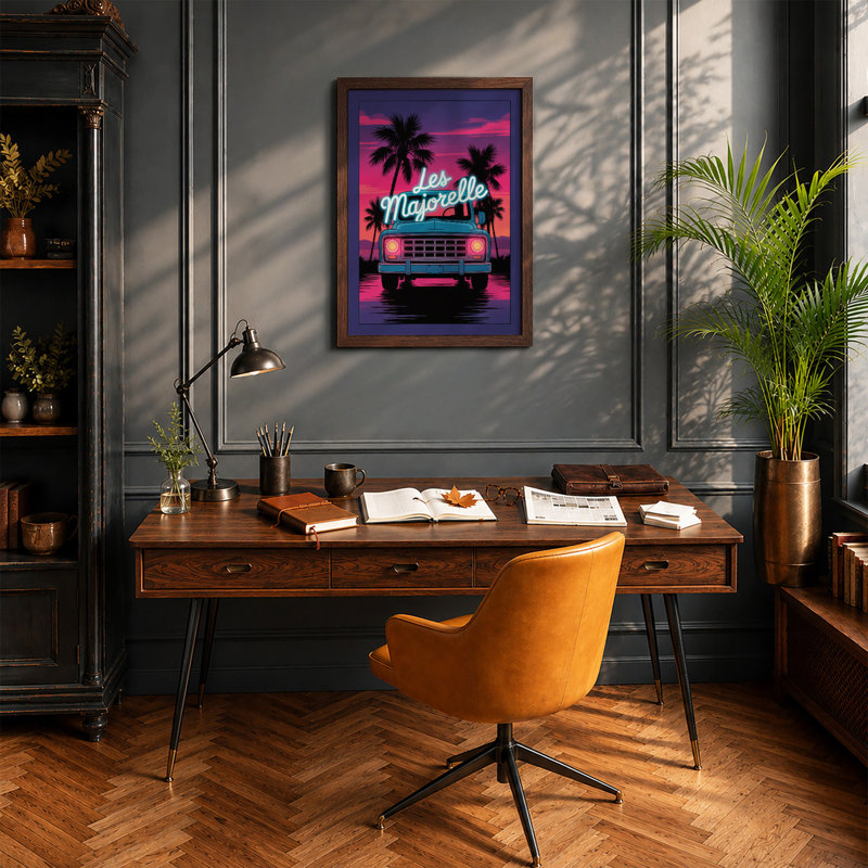 Neon Sunset Truck Retro - Framed Print, A3 - 42.0 x 29.7 cm, Walnut