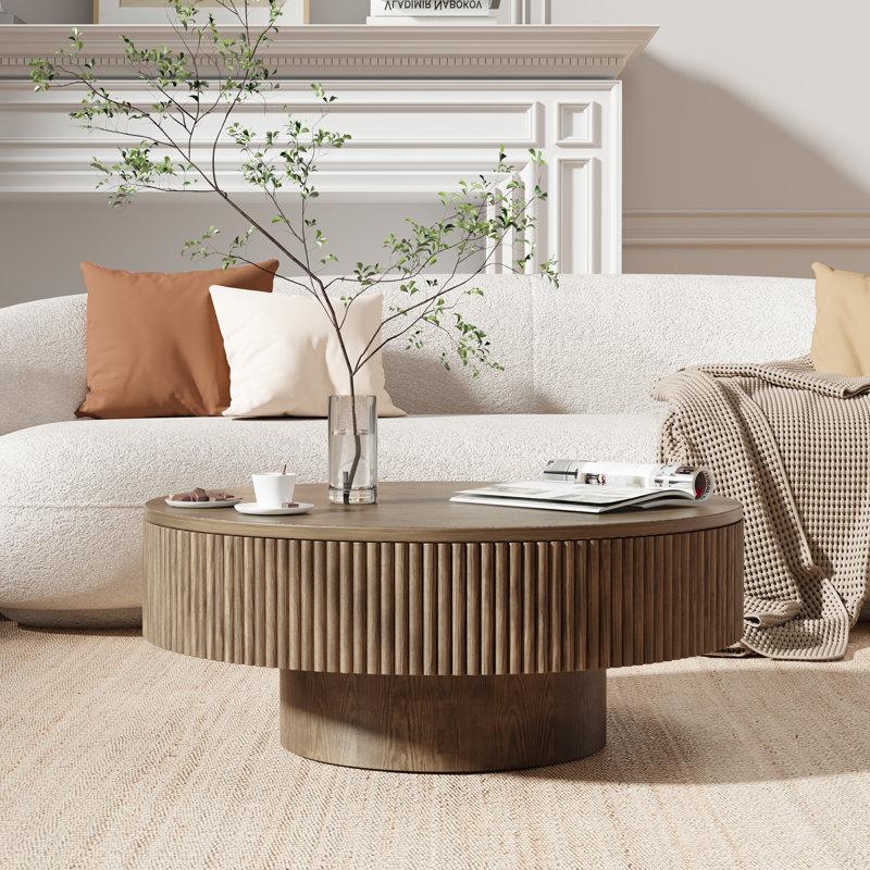 Table basse à piédestal Fynlee, conception cannelée en bois massif fabriquée à la main, Brun, H 13,78 po x l 31 po x P 31 po