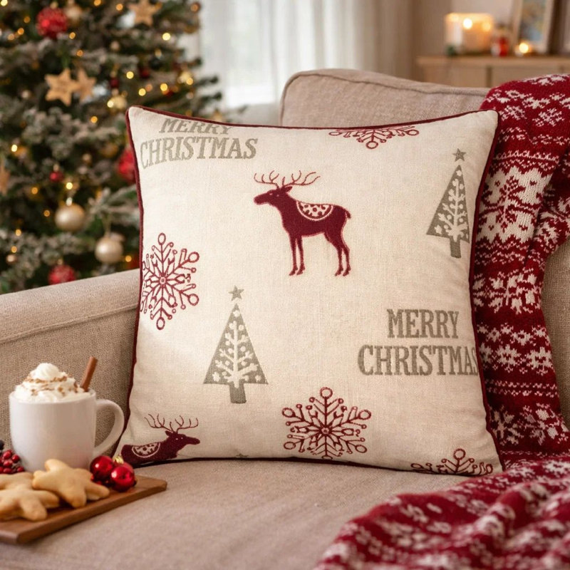 Housse de coussin Merry Christmas Renne rouge, lin blanc cassé 20 po