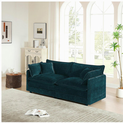 Modern Fabric Loveseat Sofa Couch for Living Room, Upholstered Large Size Deep Seat 2-Seat Sofa with 4 Pillows ,Blue Chenille
