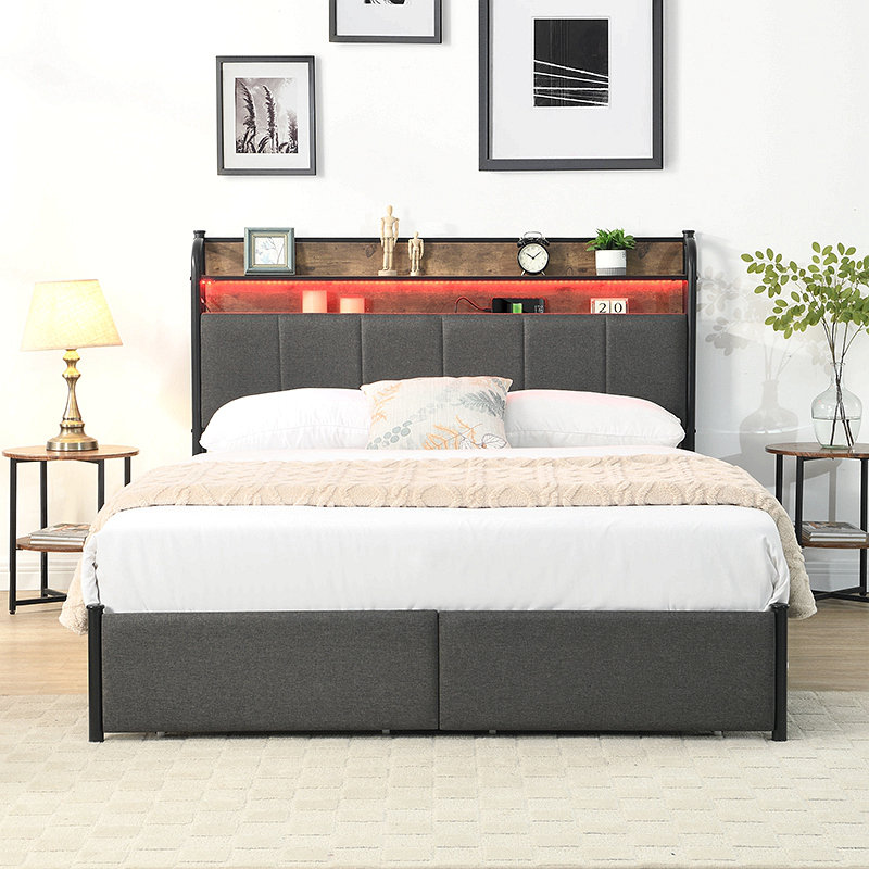 Bed Frame, Storage Headboard With Charging Station, Solid And Stable, Noise Free, No Box Spring Needed, Easy Assembly, Queen