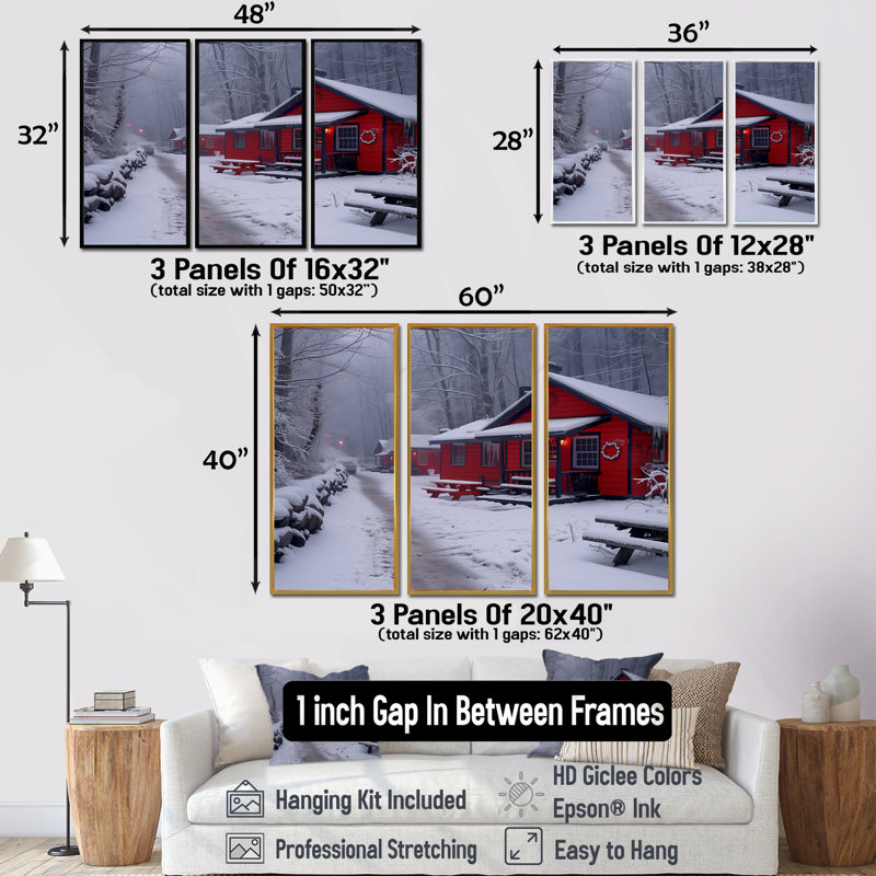 Winter Hotel Cozy Chalet II - Ensemble de décoration murale hôtels et lodges, Toile naturelle avec cadre flottant