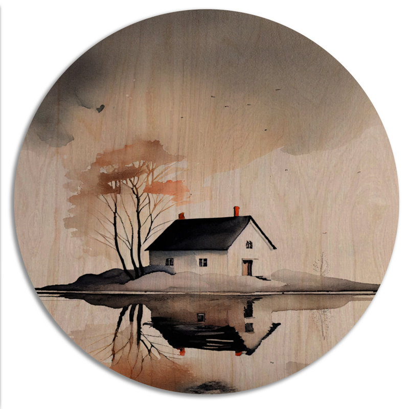 Maison de campagne avec arbre au bord du lac II - décoration murale chalet en bois Lake House, L 23 po x H 23 po