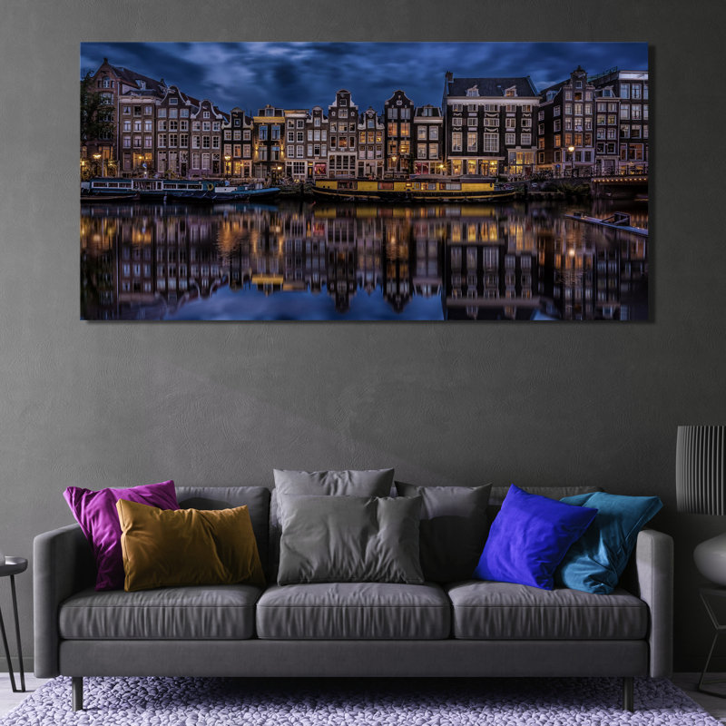 «Amsterdam At Night Wallart», reproduction d'art sur toile, H 24 po x l 48 po x P 0,1 po, Papier