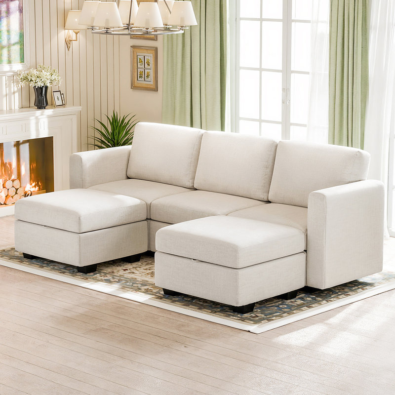Canapé modulaire rembourré 5 pièces Ilyes, Lin gris pâle