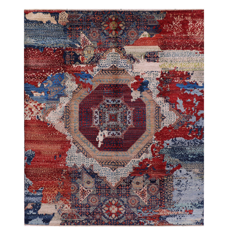 Tapis oriental bleu marine / rouge en laine noué à la main 8 pi 2 po x 9 pi 9 po