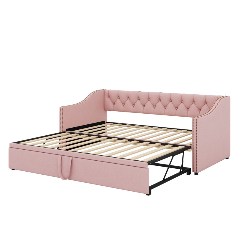 Twin Size Upholstered Daybed With Trundle, Pink