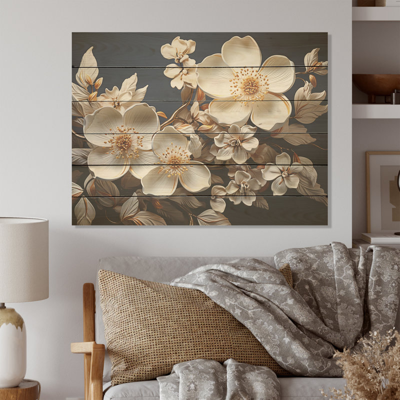 Tranquillité dorée blanche «Dogwood Tranquility I» sur bois de pin naturel, H 10 po x l 20 po