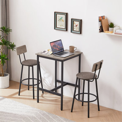 Bar Table Set With 2 Bar Stools PU Soft Seat With Backrest, Grey, 23.62'' W X 23.62'' D X 35.43'' H