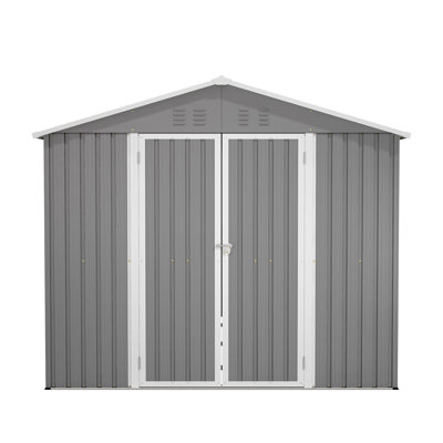 Remise de rangement extérieure en métal 8 pi x 12 pi avec porte latérale supplémentaire, grande remise à outils avec 2 portes verrouillables pour un accès facile, structure en aluminium, rangement de patio de jardin gris