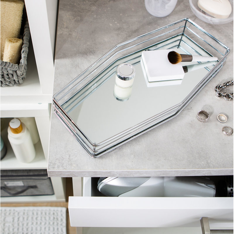 Chrome Reflective Glass Vanity Tray with Double Rail Design