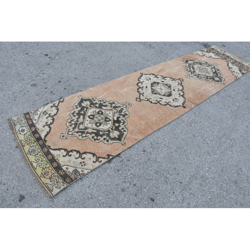 Tapis turc rétro avec motif oriental Oushak pour couloirs et espaces de vie - Matériau organique noir / orange