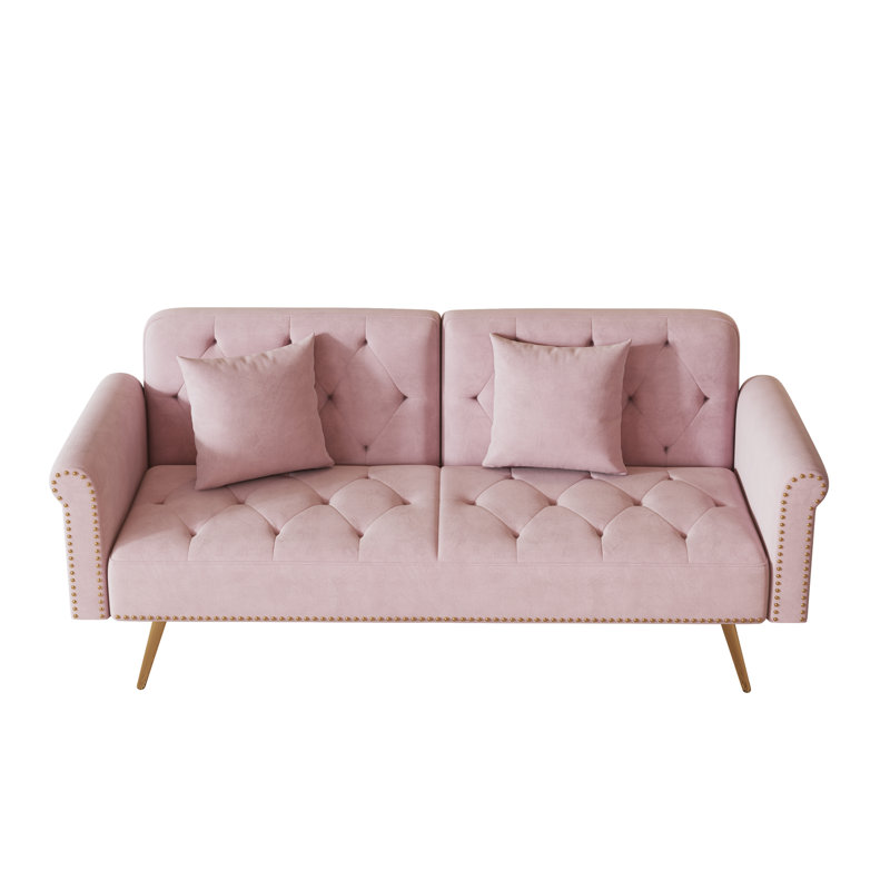 Canapé-lit moderne avec garniture cloutée et coussin décoratif assorti, Rose