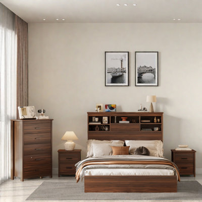 4pcs Bedroom Sets, Wooden Bed With Storage Headboard And Charging Station, 2 Nightstands With 2 Drawers, 1 Dresser With 5 Drawers by Gracie Oaks