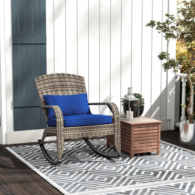 Chaise berçante d'extérieur, bleu foncé avec dossier haut et coussin de siège confortable pour le jardin, porche, dossier de balcon, coussin