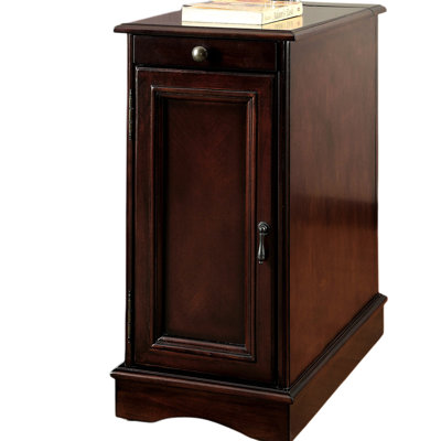 Solid Wood Side Table With Transitional Design, Cherry Finish, Pull Out Cup Holder, Built In Port And Storage Cabinet, 24 Inches High Outlet, Holder