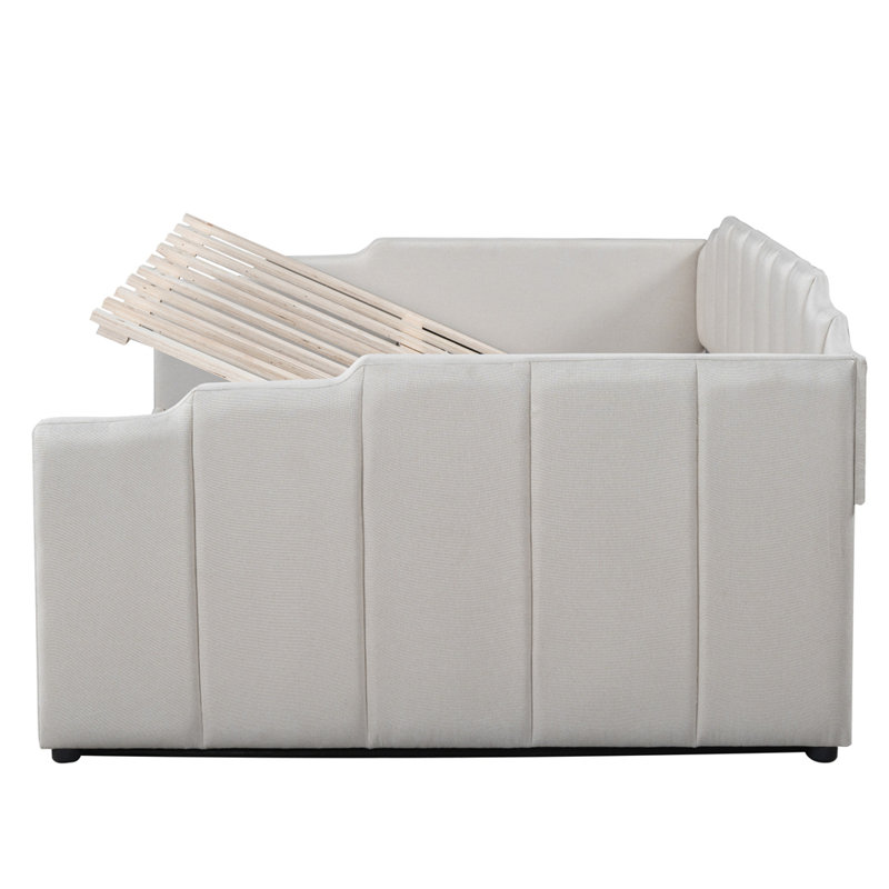 Lit de jour rembourré avec rangement inférieur, pleine grandeur, Beige, Lit double