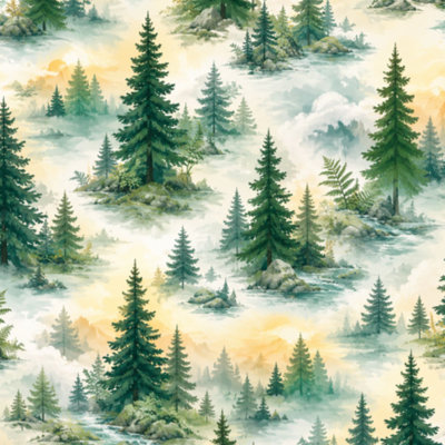 Papier peint auto-adhésif Misty Mountain Forest Landscape Evergreen Trees River Sunset