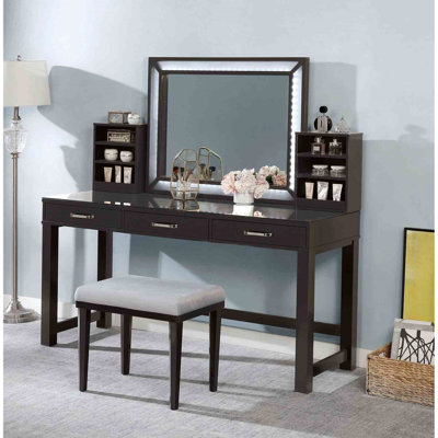Tabouret de coiffeuse, verre trempé transparent de 8 mm, miroir de 3 mm, 3 tiroirs de rangement, tabouret rembourré, style intérieur de chambre à coucher gris, arrangement