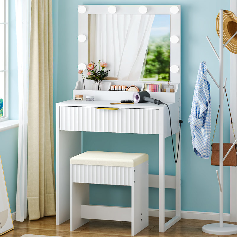 Dressing Table Set - 1 Drawer & 3 Compartments, 8 Dimmable Bulbs, White
