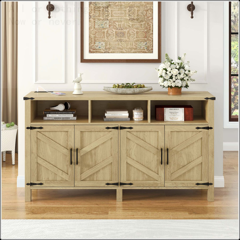 Buffet 4 portes avec prises de courant, ports USB et tablettes réglables, Bois naturel