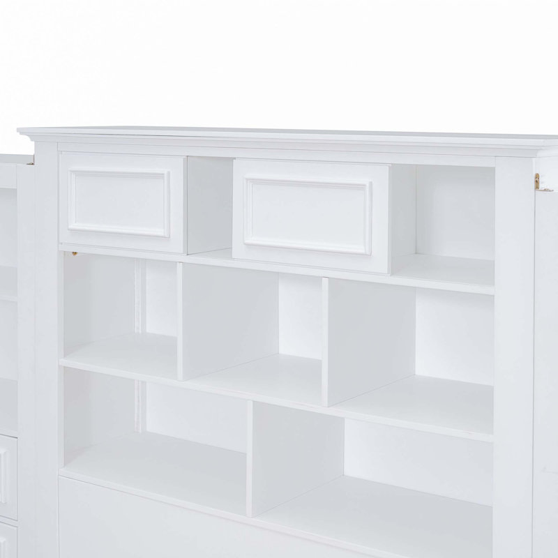Lit plateforme simple en bois avec armoire verticale tout-en-un et 4 tiroirs de chaque côté, Blanc