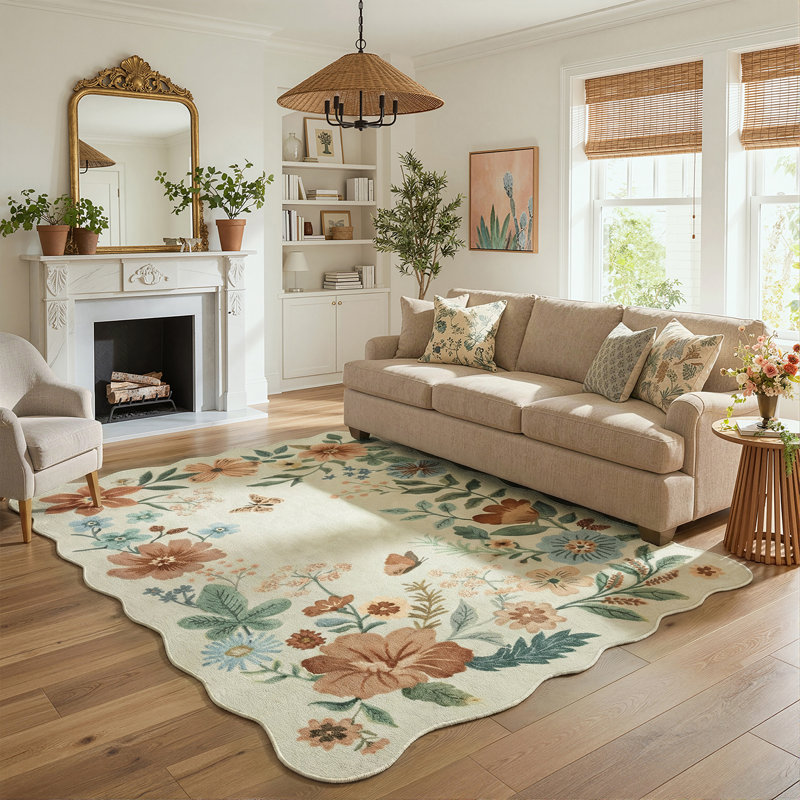 Garbrand Machine Washable Floral Farmhouse Area Rug with Non-Slip Backing for Living Room, Dining Room, Bedroom