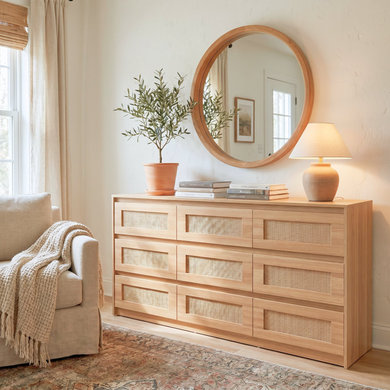 Commode double à 9 tiroirs en bois naturel l 62,9 po avec façades de tiroir d'aspect tissé
