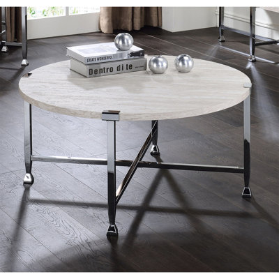 Table basse ronde avec placage en papier de chêne blanc et pieds en métal, 36 po de hauteur, 18 po, pour exposer des petits objets de collection