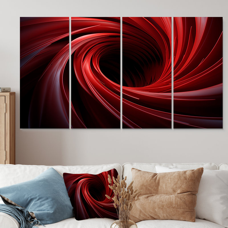 «Red Abstract Spiral Dreamscape II - Abstract Spirals», art mural 4 pièces pour le salon, H 28 po x l 48 po