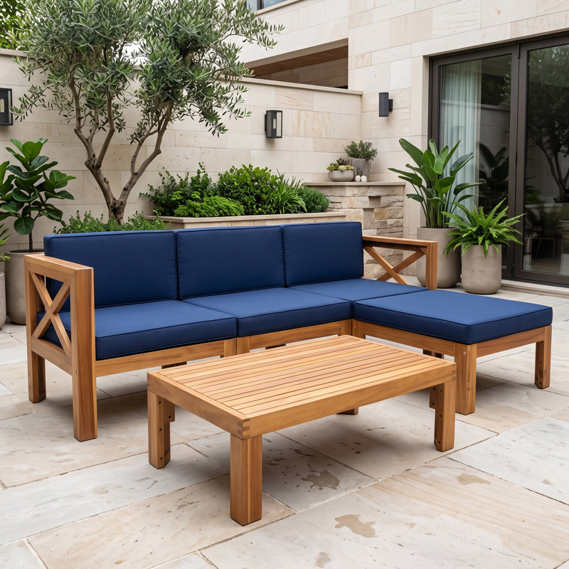 Ensemble de canapé modulaire en bois d'acacia avec dossier en X 5 pièces avec repose-pieds, table basse et housses de coussin amovibles, bleu