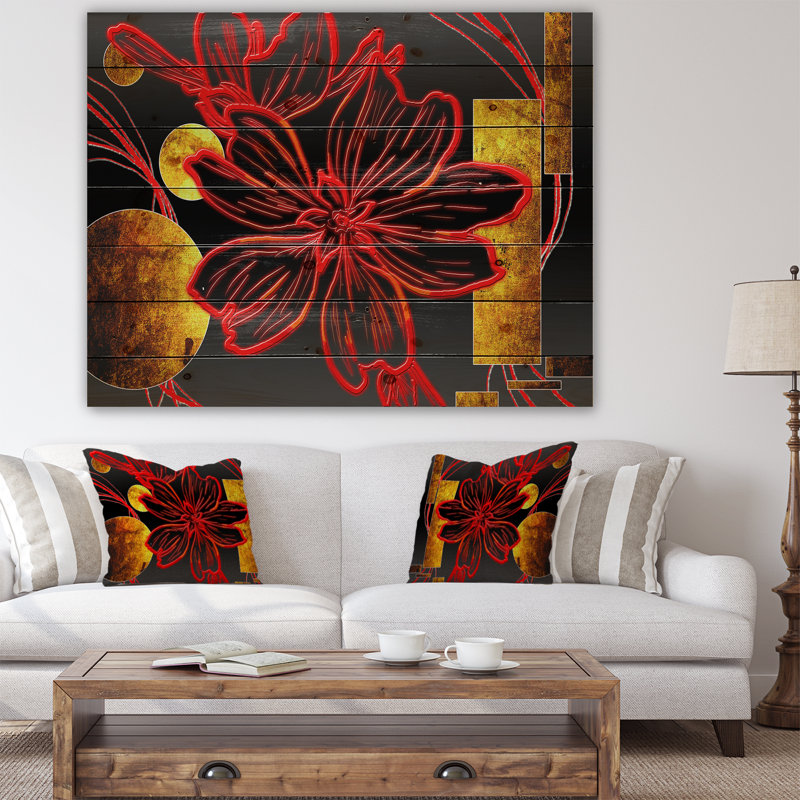 Peinture abstraite fleur rouge - peinture sur bois sans cadre, H 16 po x l 32 po x P 1 po