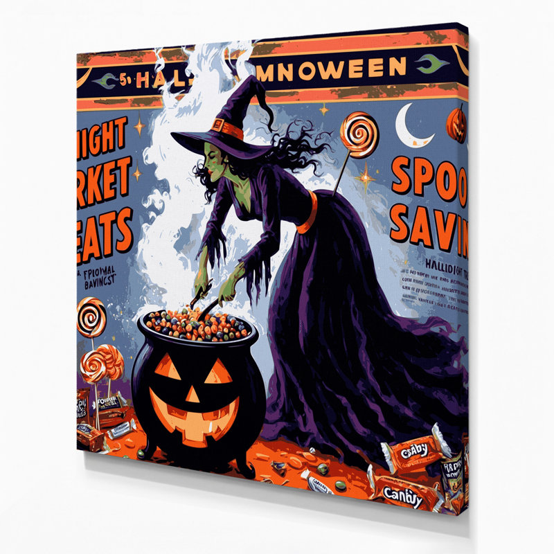Halloween, Halloween rétro, publicité sur toile mauve, 12" H x 12" W